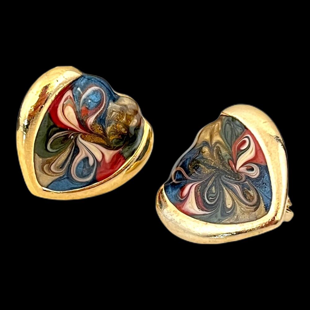 Vintage 1980s Clip On Earrings Gold Tone Hand Painted Shimmer Enamel - 2X